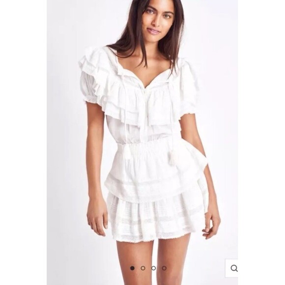 Love Shack Fancy Liv Size M Cotton Ruffled White Dress Tassels Tiered - Picture 16 of 16